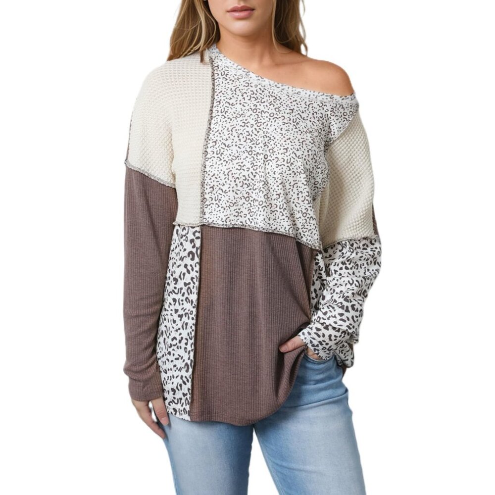 Leopard Colorblock Textured Knit Patchwork Top Womens Size 1X Loose Fit NEW